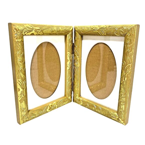 Gold Frame Double Photo Holder Textured Embossed Finish Art Deco Cottage Chic - Picture 2 of 8